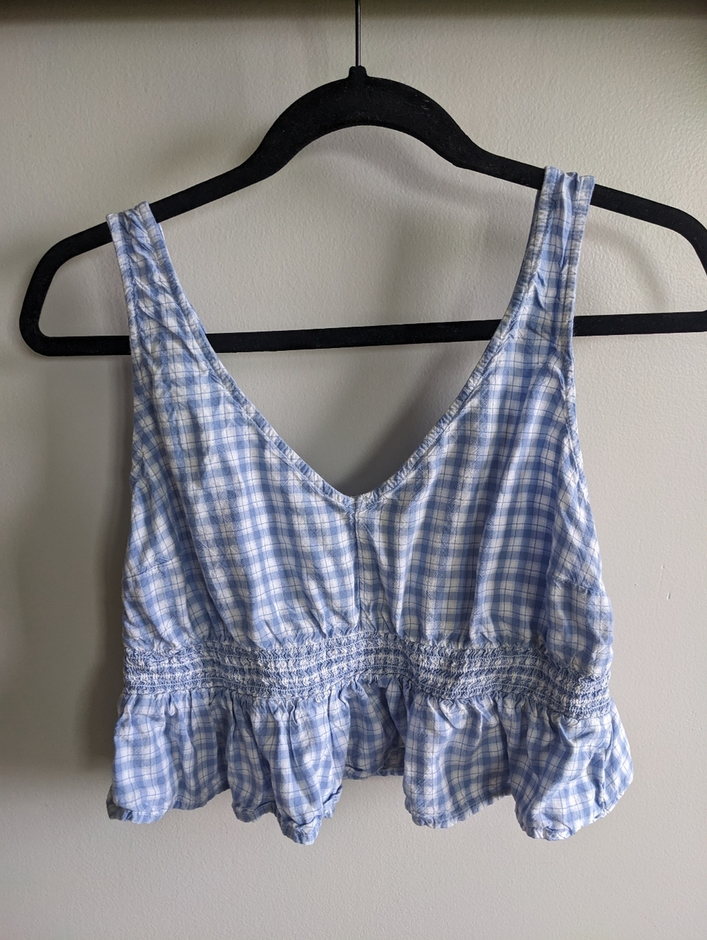 Hollister Blue Gingham Ruffle Peplum Crop Tank Top Cottagecore Prairie Country L